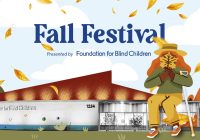 A cartoon character in cozy attire sits atop the FBC Main campus building, holding a white cane in one hand and a leaf in front of their face. Surrounding the building, you can see pumpkins and trees displaying vibrant autumn colors. The graphic reads: Fall Festival presented by Foundation for Blind Children.